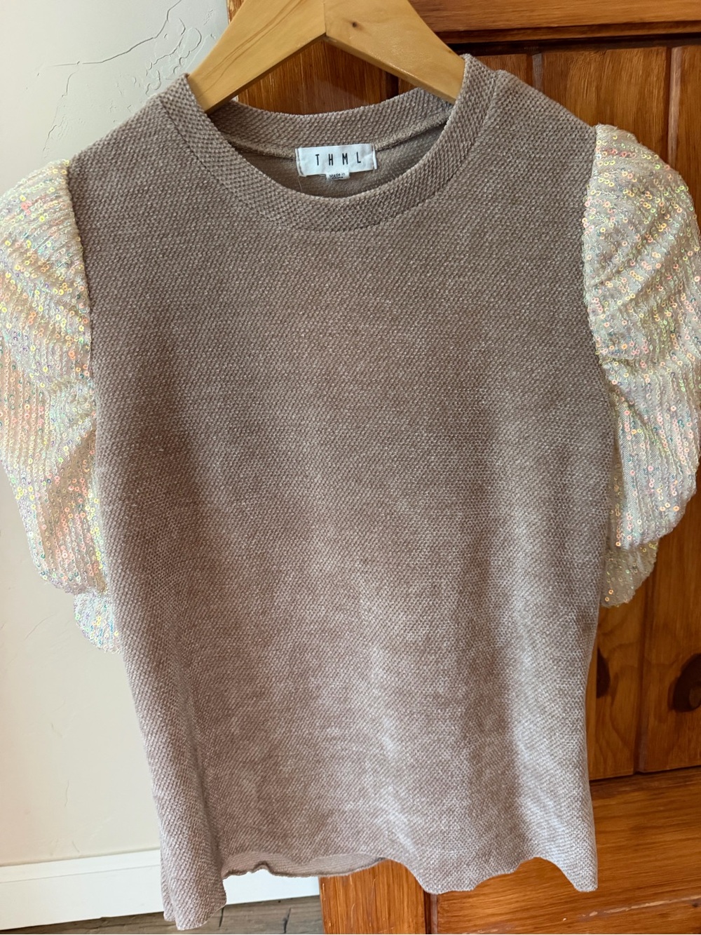 THML Puff Sleeve Knit Top in Taupe with Sequin Puff Sleeves Small